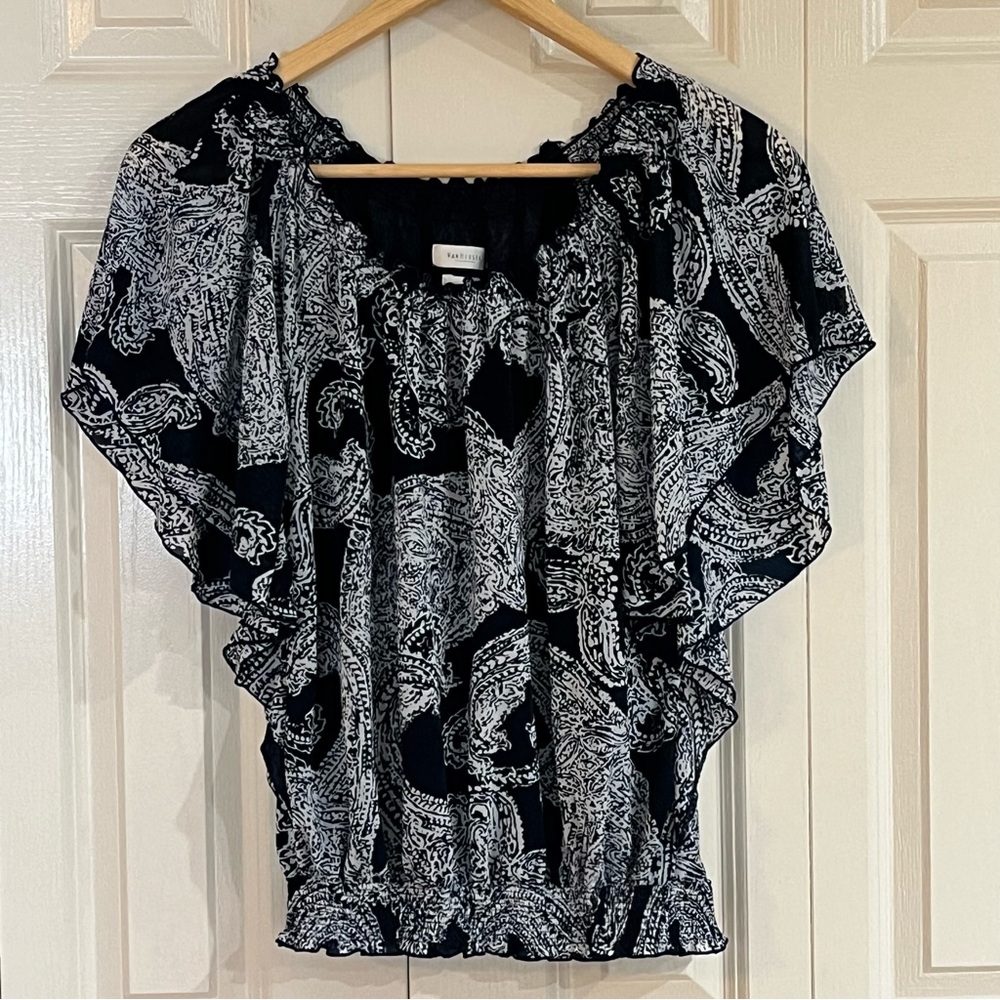 VanHeusen Paisley Print Women's Gathered Waist Top - Dark Blue/White Size Medium